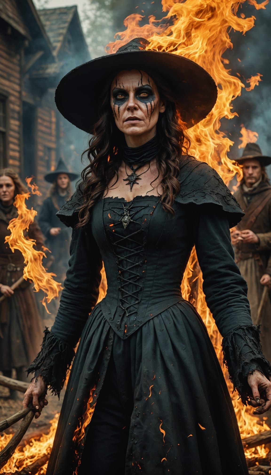 Defiant Witches Facing Puritan Persecution in Detailed Art