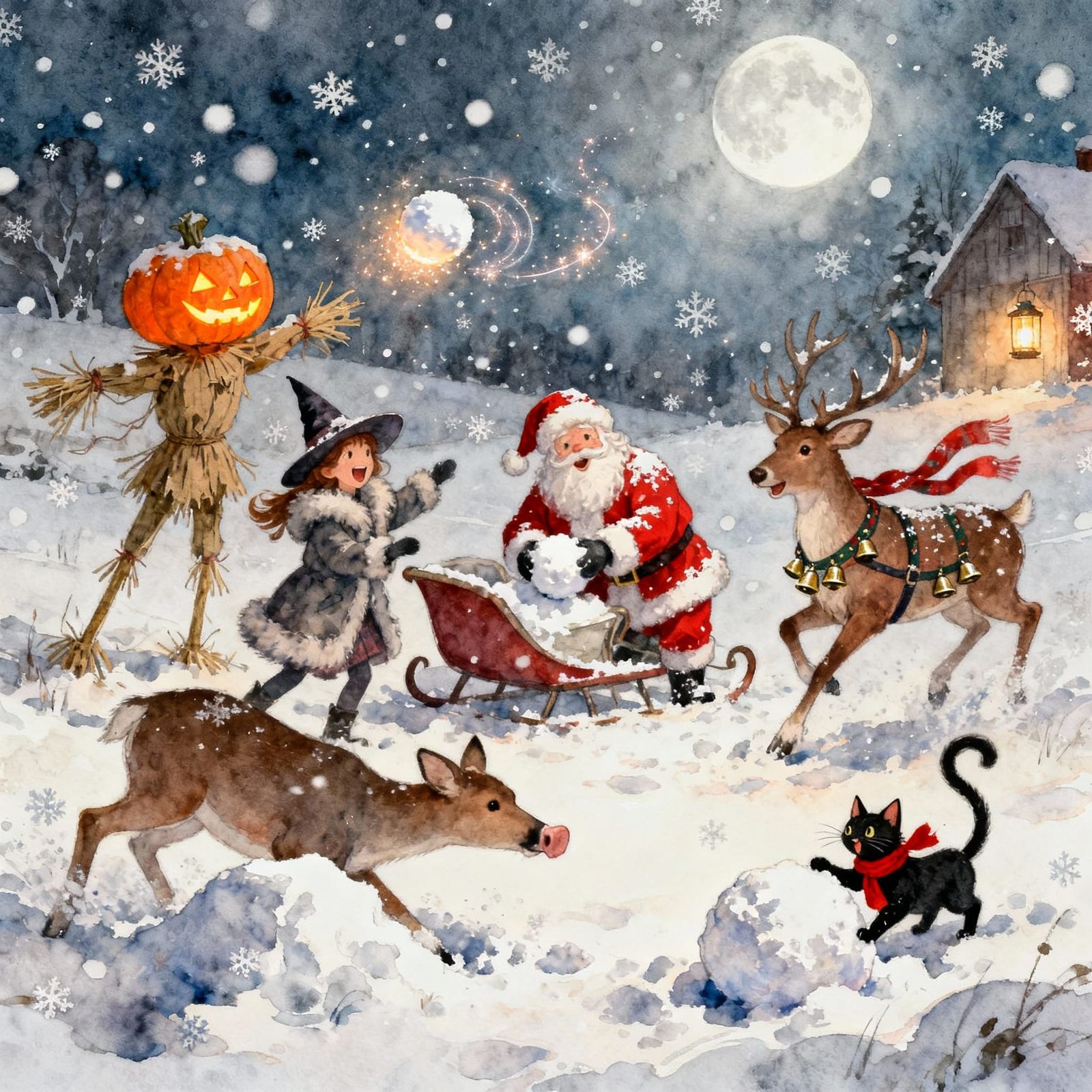 Fairytale Winter Night: Magical Snowball Fight Scene