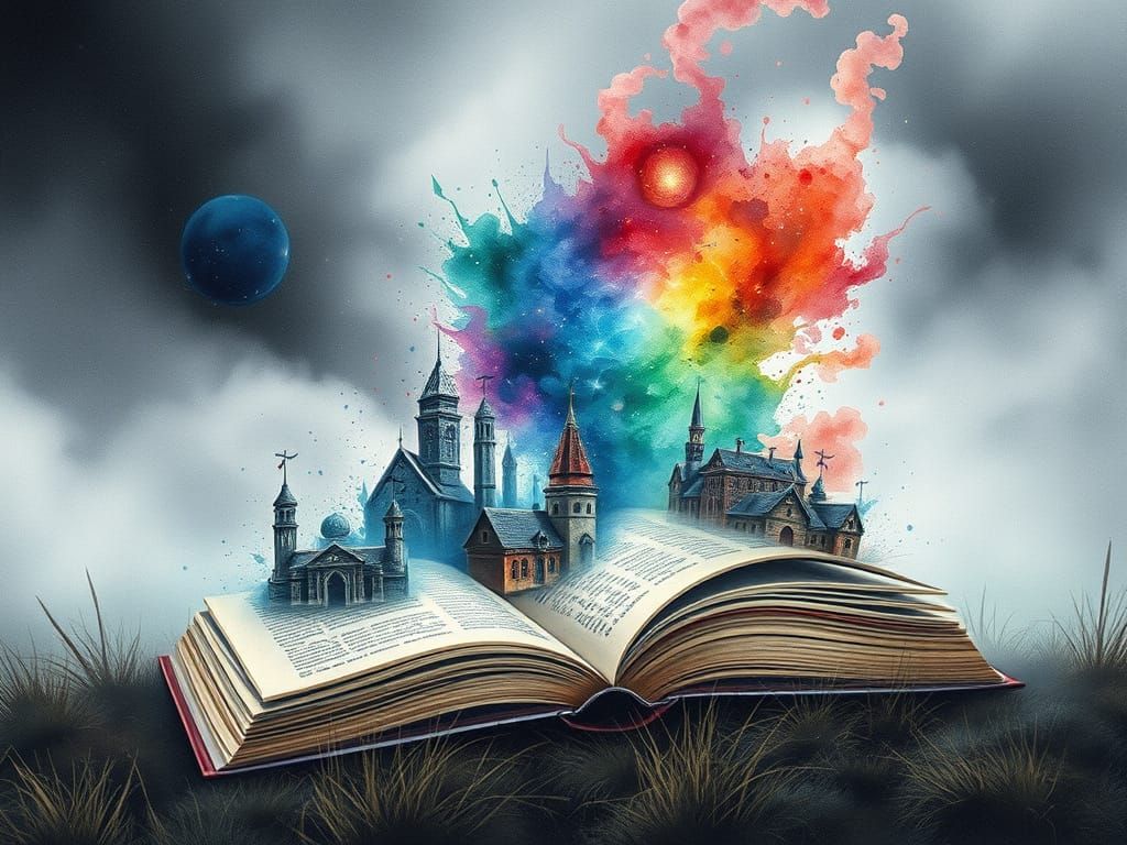 Teslapunk City Evolves into Nebula, Watercolor Style