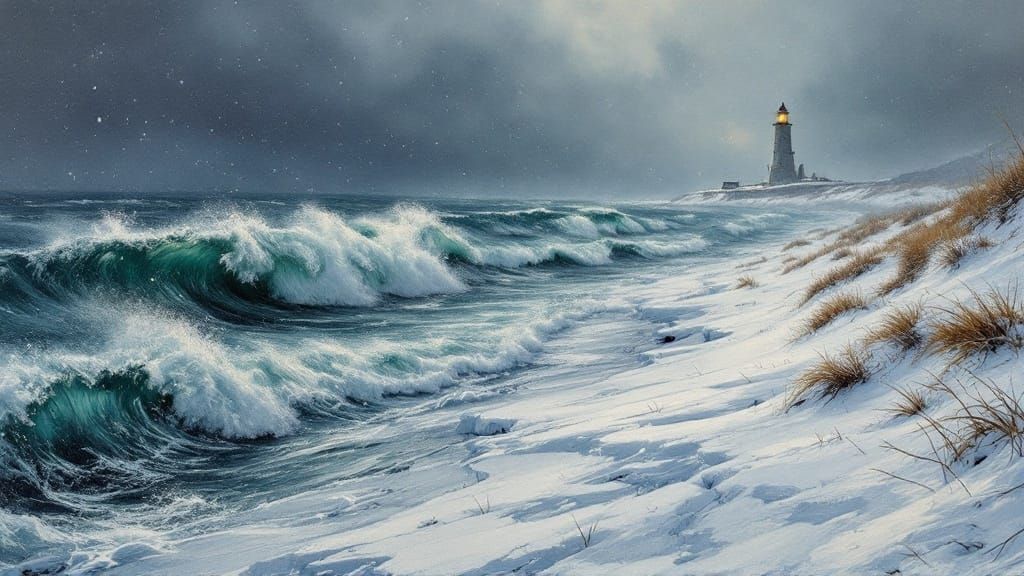 Winter Stormy Seaside in Oil Painting