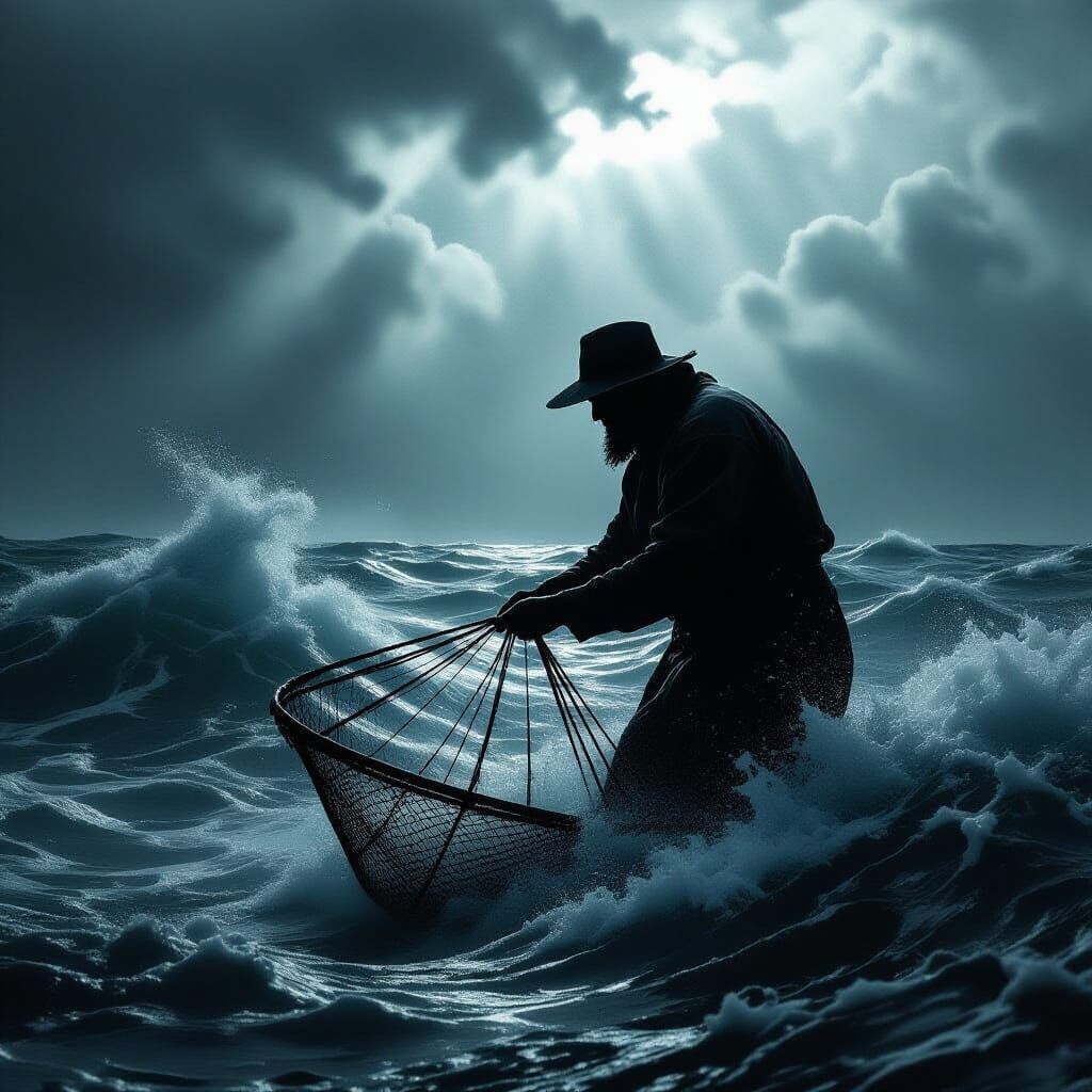Lone Fisherman in Stormy Sea, Dark Fantasy Art