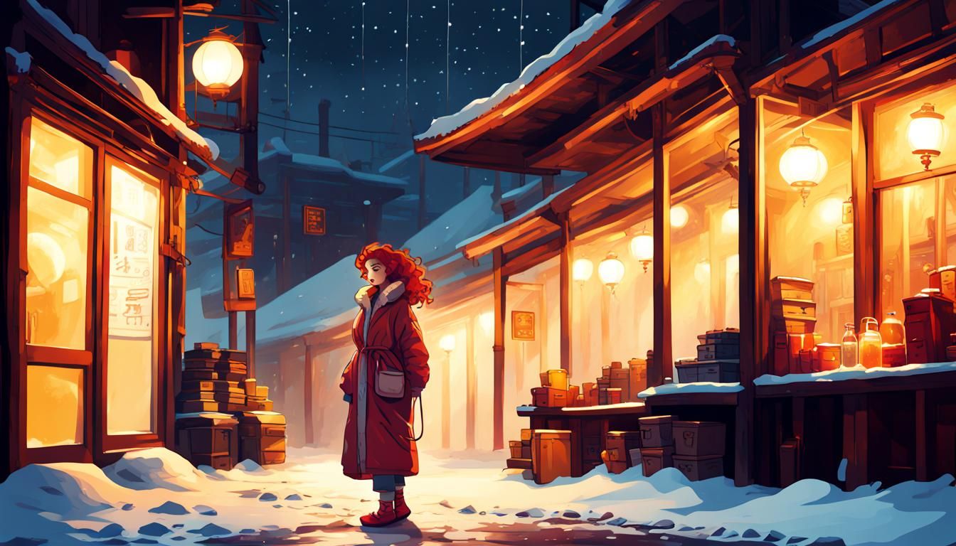 Girl in Slippers Under Lantern: Blade Runner Style