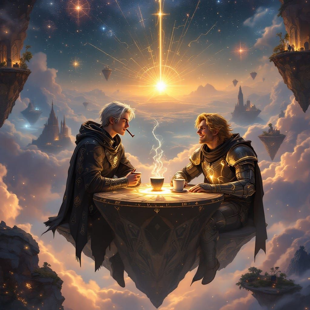 Cosmic Cafe: Two Friends Enjoying Coffee