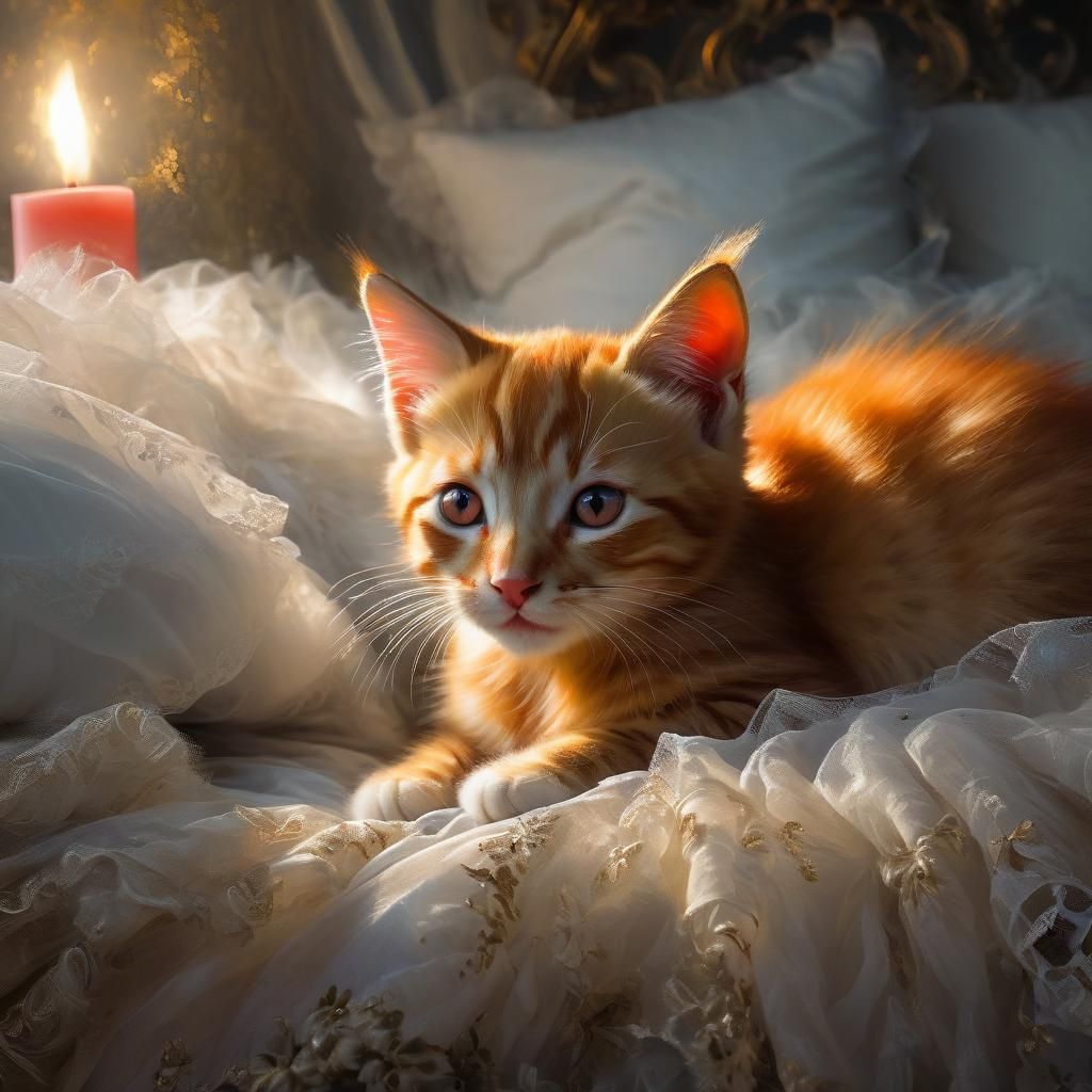 Red Tabby Kitten Portrait with Candlelight in Fine Art