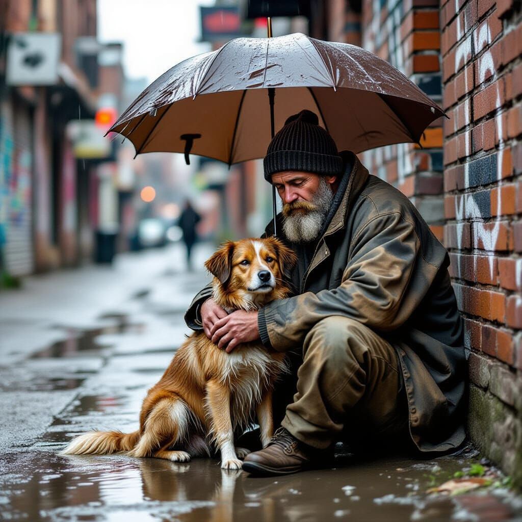 Compassionate Homeless Man Shields Dog in Rainy Urban Scene