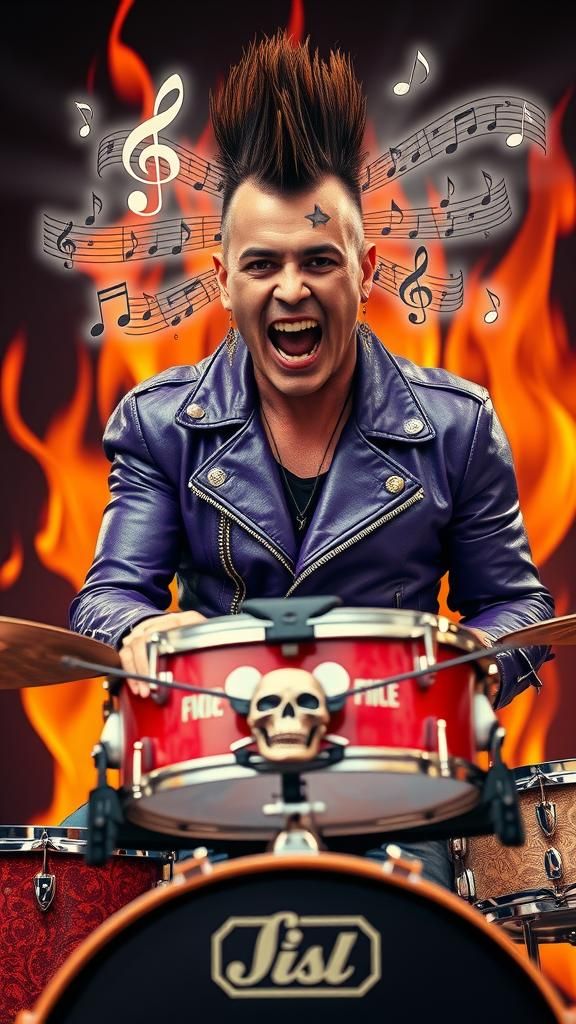 Rocker Portrait with Drumset and Flames