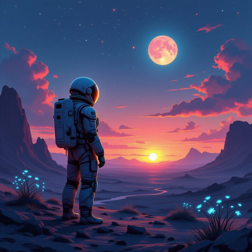 Astronaut Watches Binary Sunset on Alien World