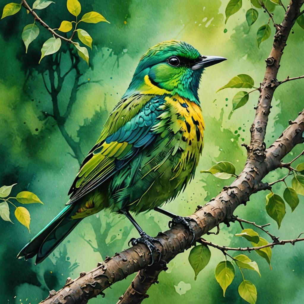 Detailed Green Bird Watercolor Macro Photography