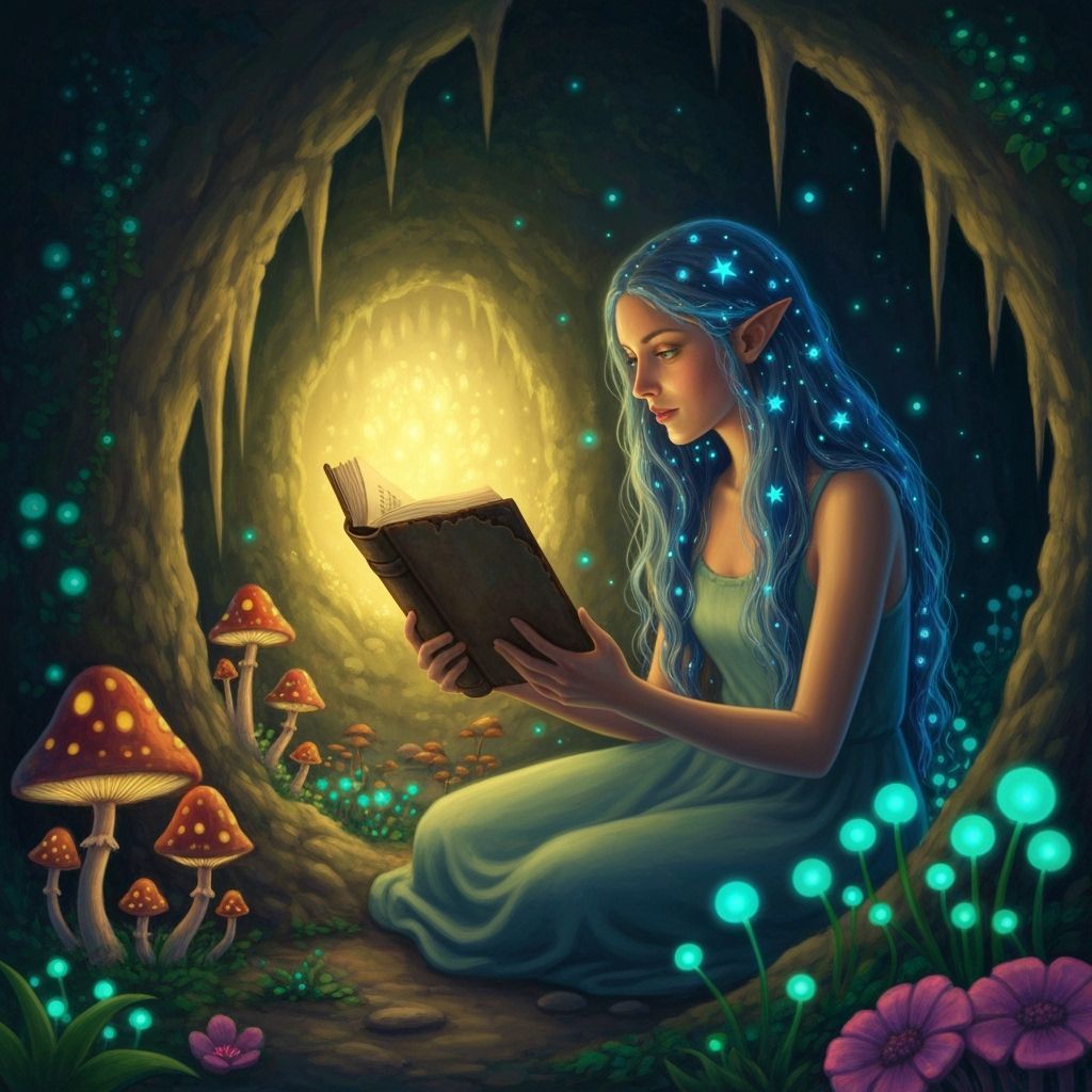 Bioluminescent Woman Reads in Glowing Grotto