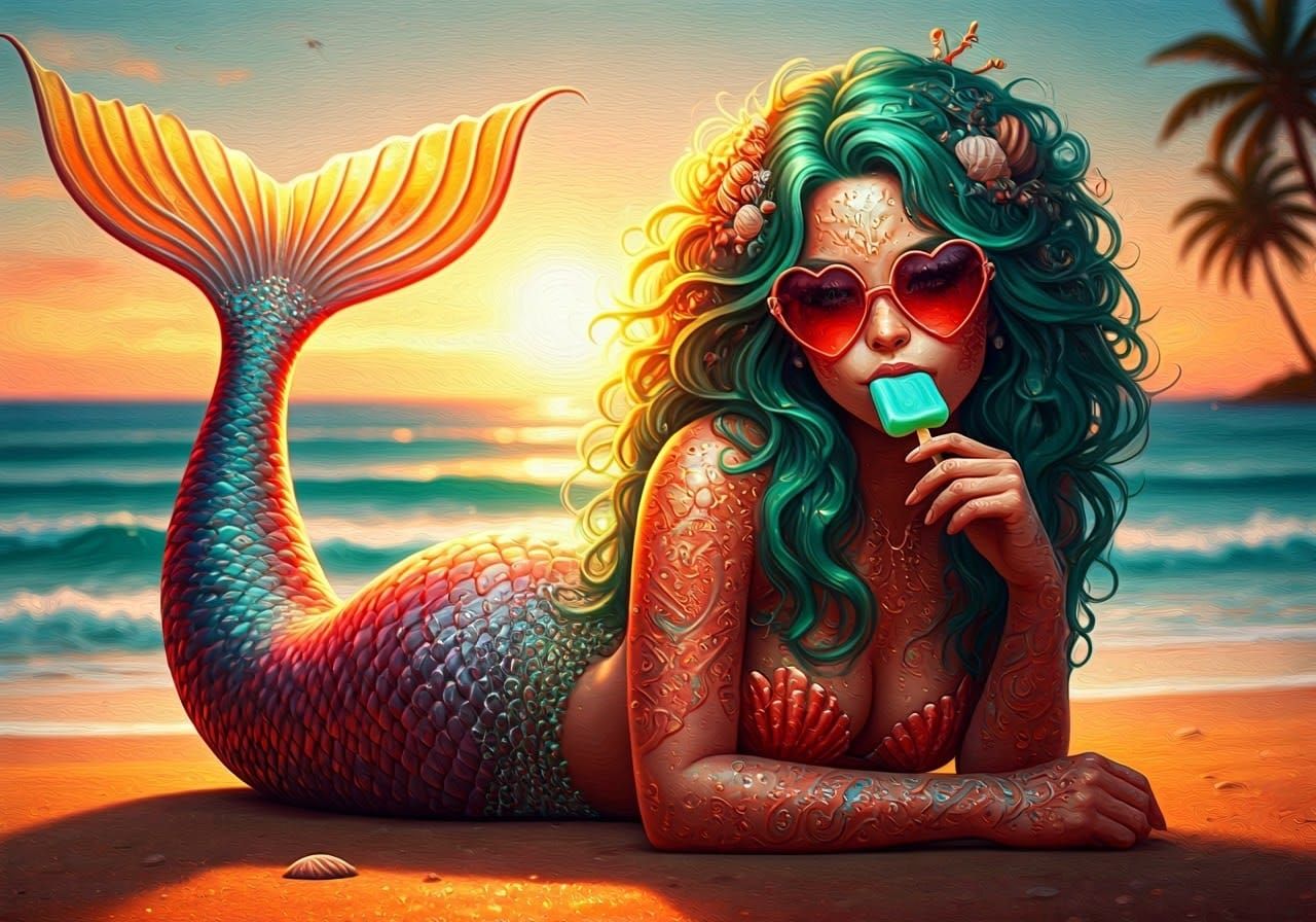 Seaside Mermaid Savoring Sunset in Glittering Oil Painting