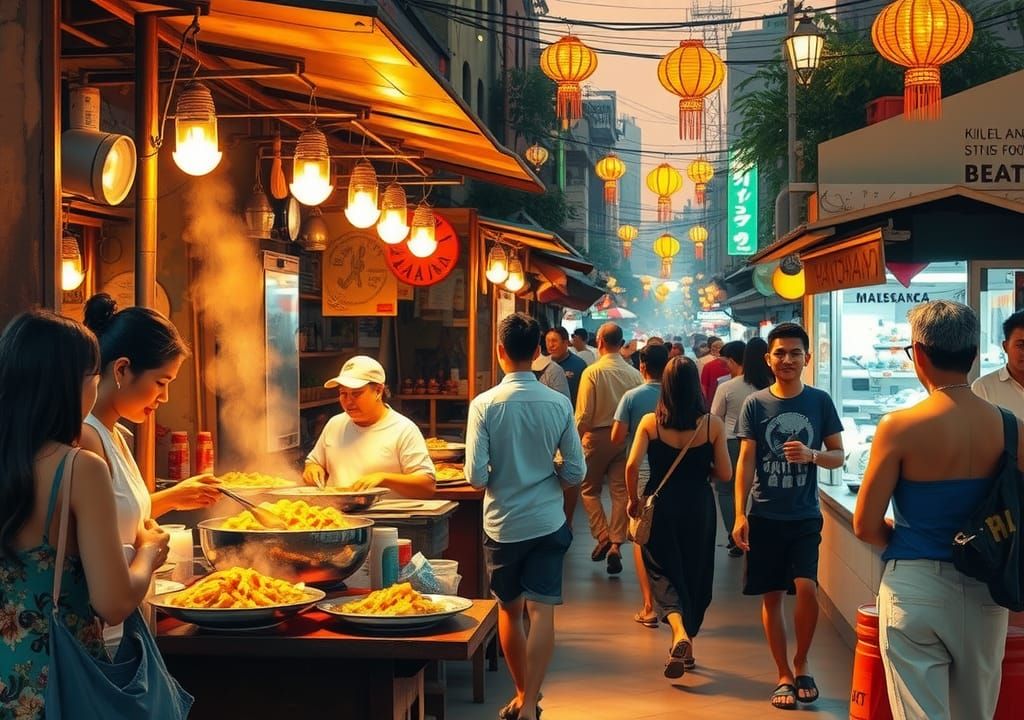 Thailand Street Food Scene in Impressionist Style