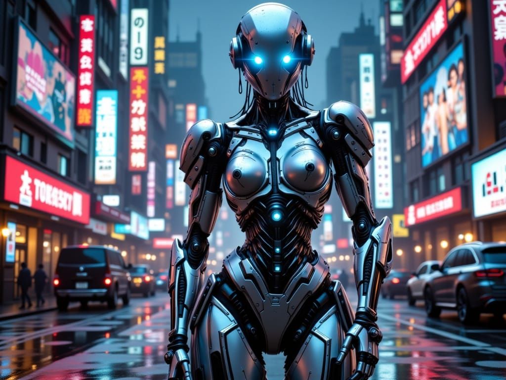 Robot K4-N3 in Neo-Tokyo: Cyberpunk Art