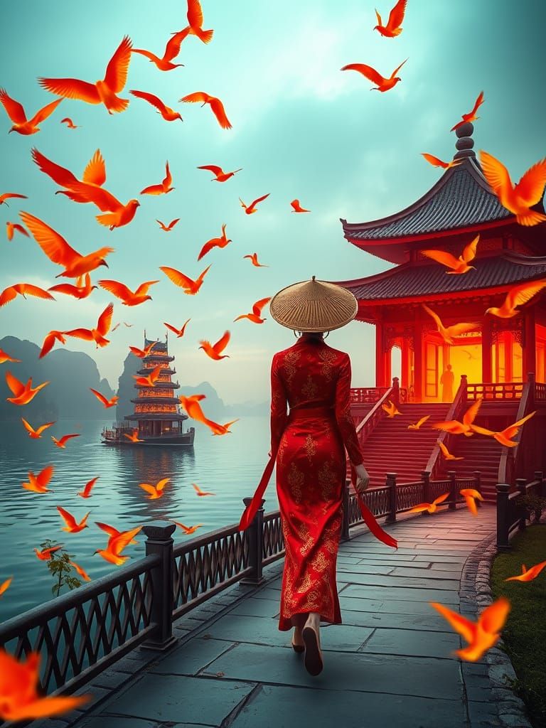 Vietnamese Fire Goddess Walking Away From Burning Pagoda