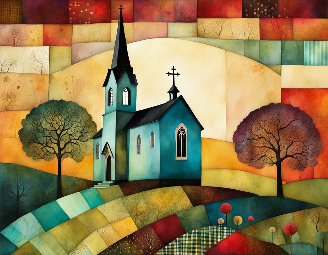 Whimsical Country Church in Mixed Media Collage