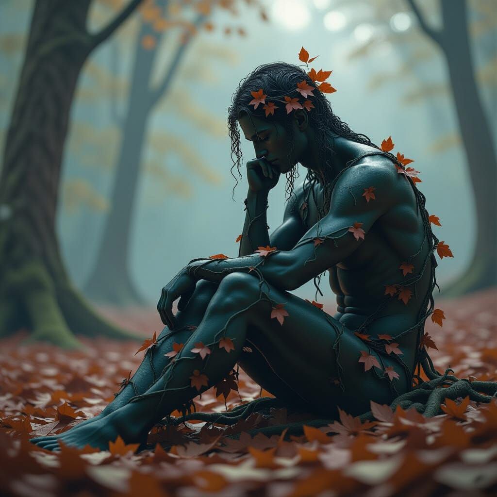 A contemplative figure embodies a fusion of human form and n...