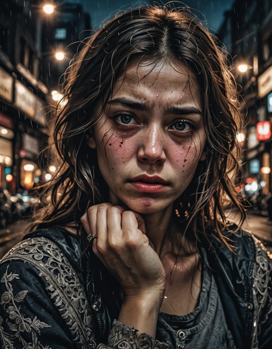 Hyperrealistic Woman Crying at Night in 64 Megapixels