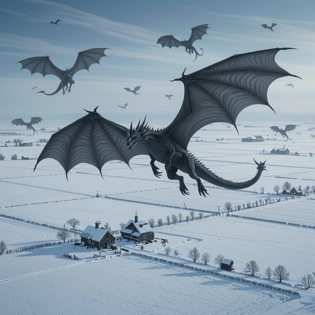 Frost Dragons Over Bleak Post-Apocalyptic Kansas Farmland