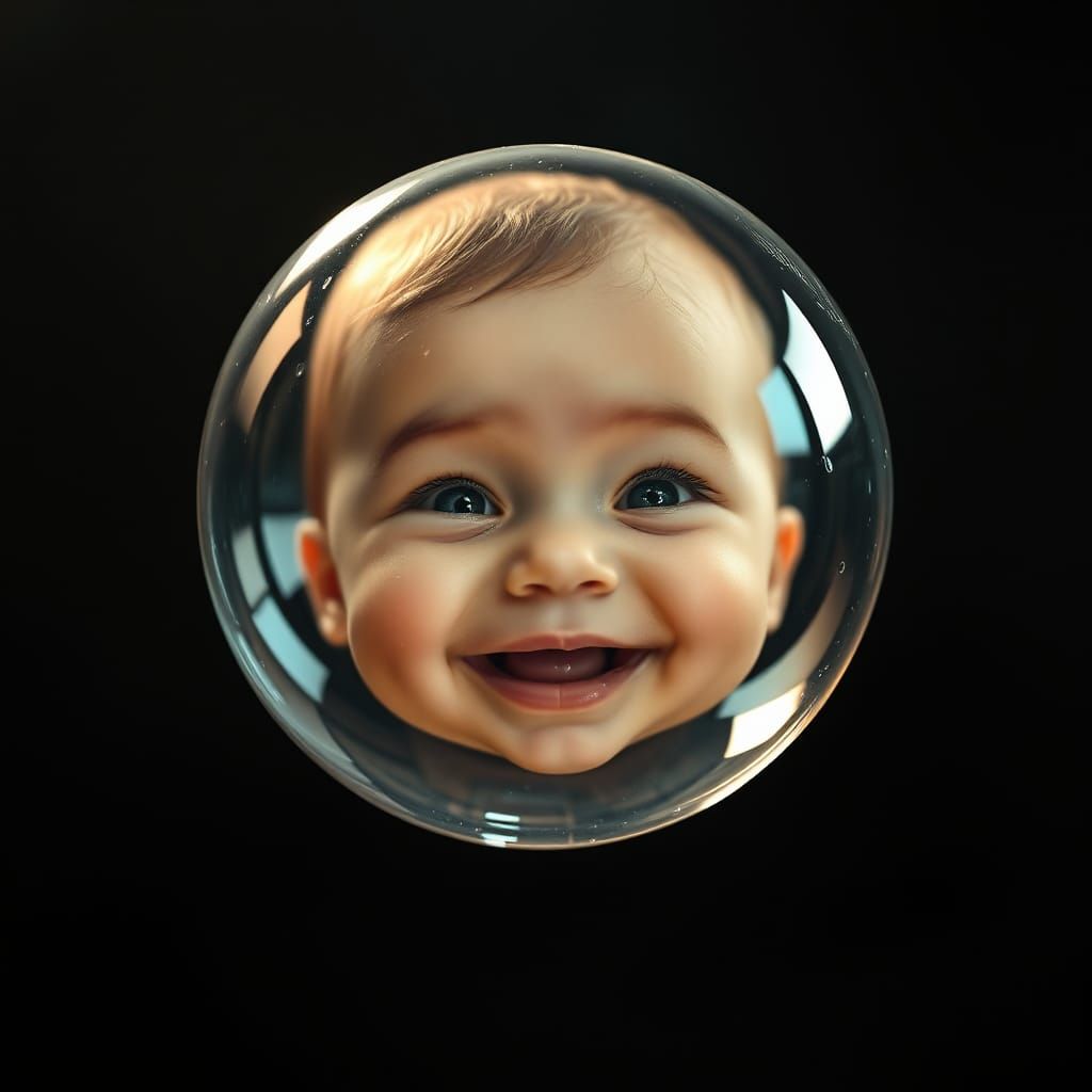 Bubble Reflection: Smiling Baby in Hyperrealism Style