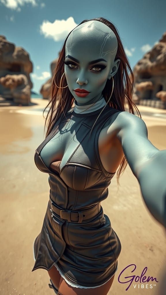 Surreal Alien Goddess in Velvet Peach Outfit