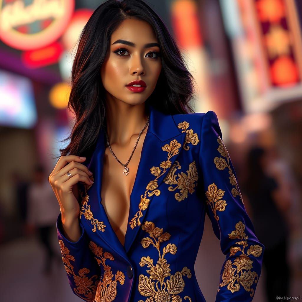 Sapphire Elegance: Taiwanese Woman in Neon Cityscape