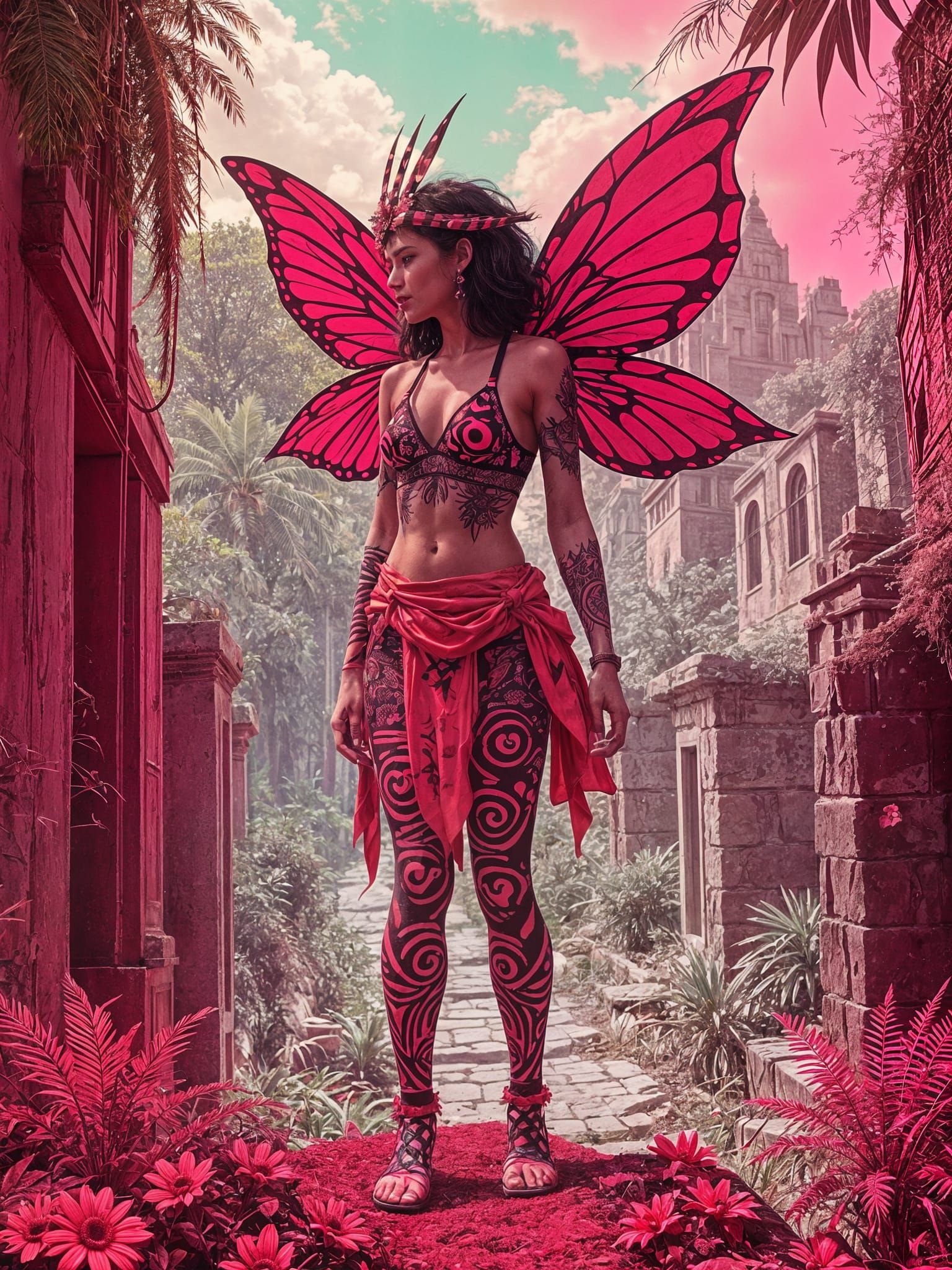 High Contrast Fairy in Jungle Ruins, Graphic Illustration