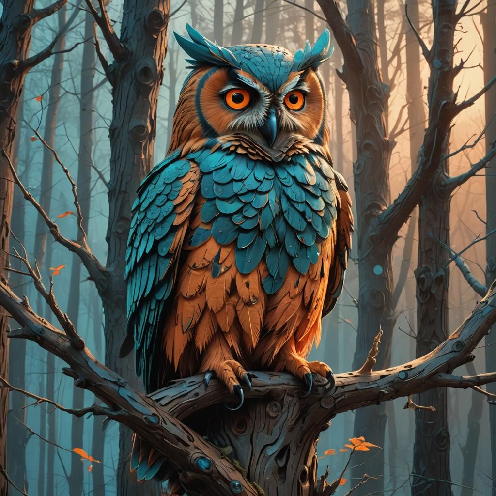 Majestic Owl Perched on Wooden Totem in Fantasy Art