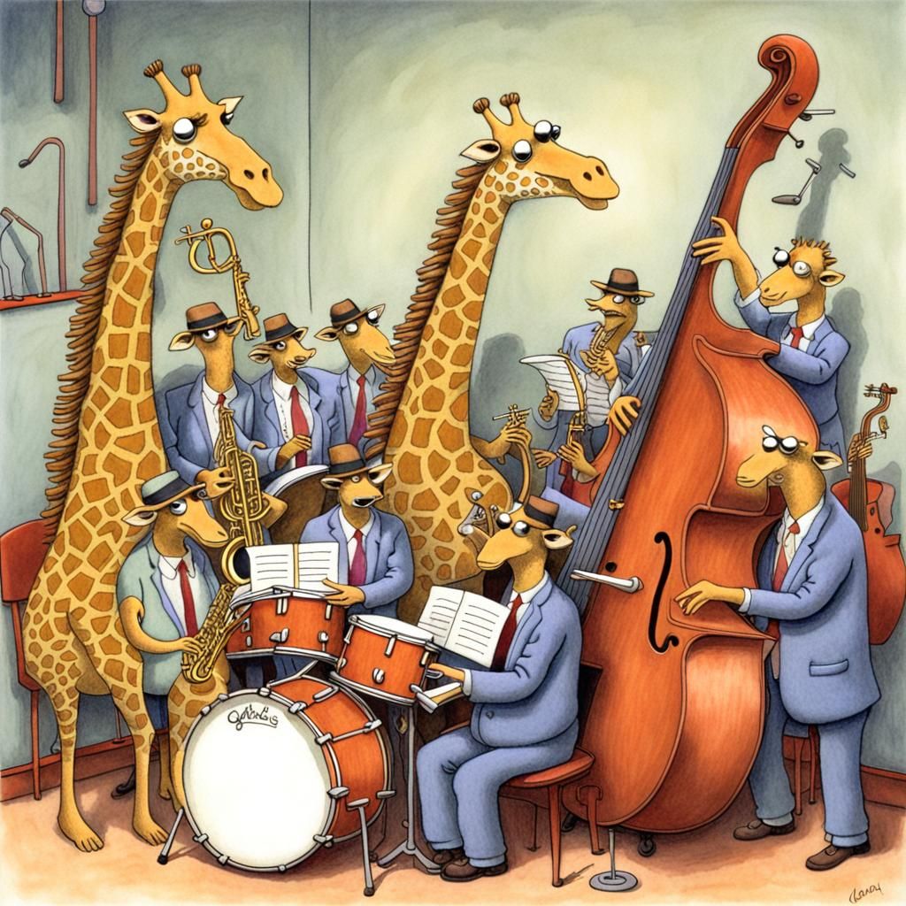 Giraffes in a Jazz Band Cartoon Style