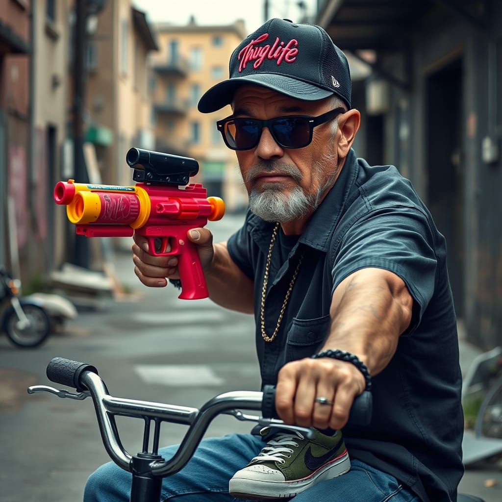 Tough Guy on Tricycle with Water Pistol