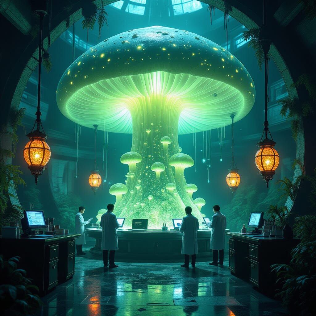 Bioluminescent Biopunk Laboratory in Giant Mushroom