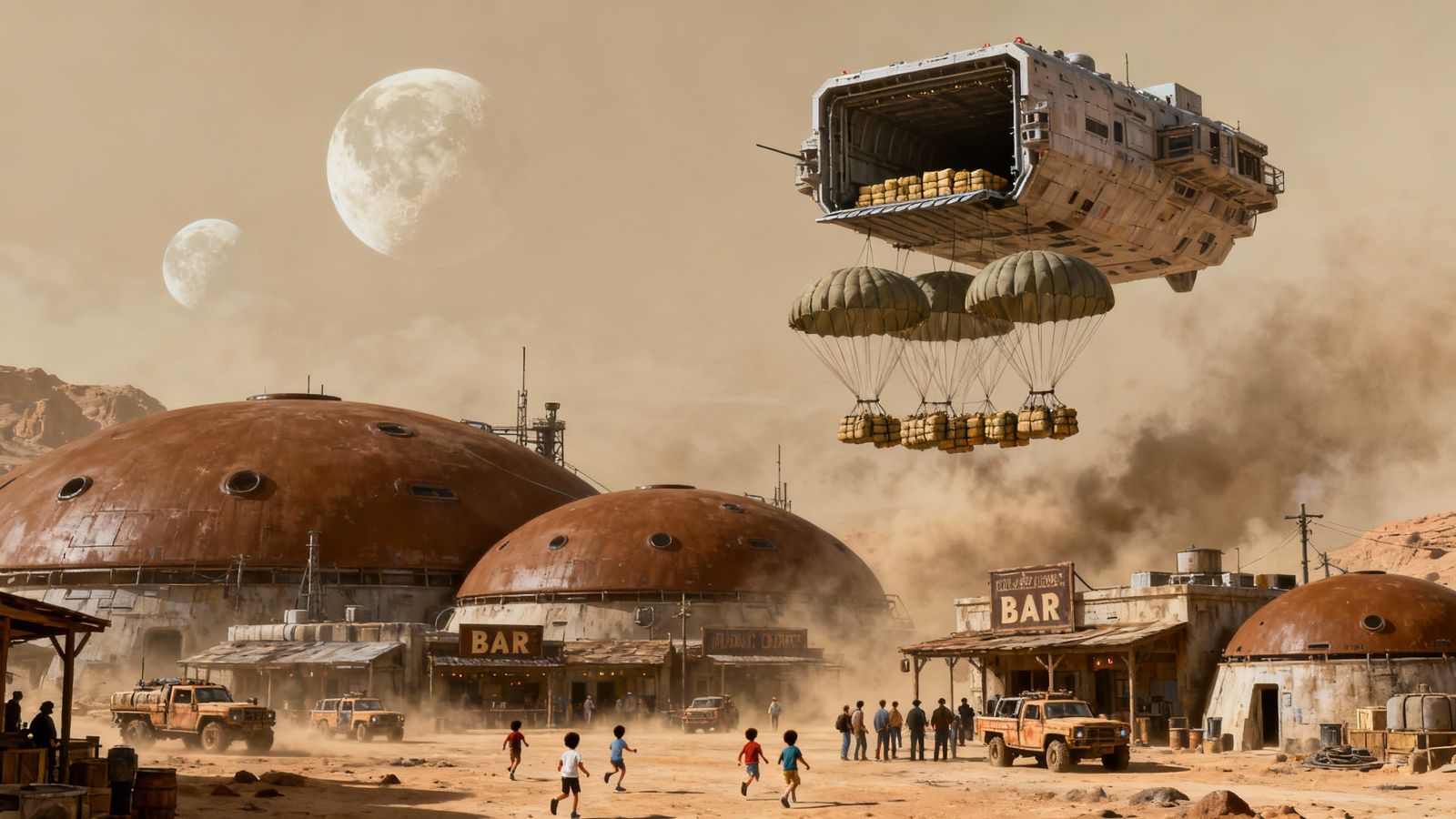 Alien Supply Drop on Dusty Planet in Realistic Concept Art S...
