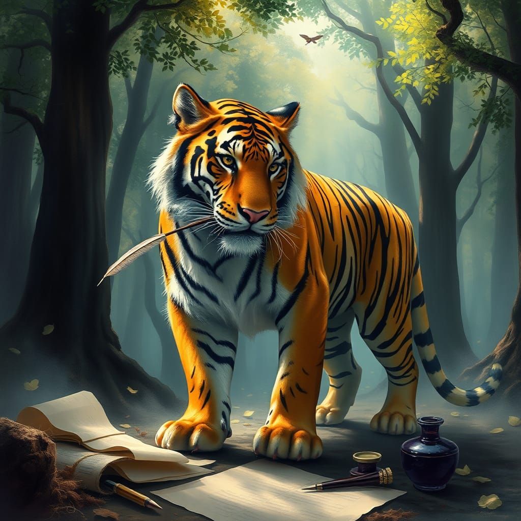 Tiger with Quill Pen in Misty Forest, Romantic Style