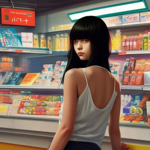 Streetwear Girl in Convenience Store, Oil Painting Style