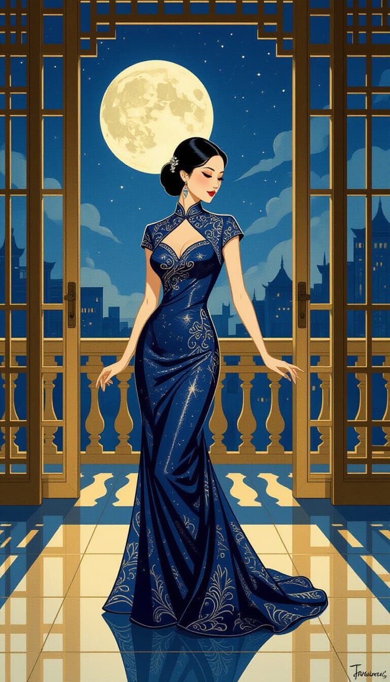 Glamorous Chinese Woman in Silk Qipao Dances on Balcony