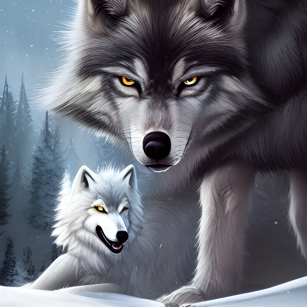 Enchanting Snowy Wolf in Magical Forest: Digital Art