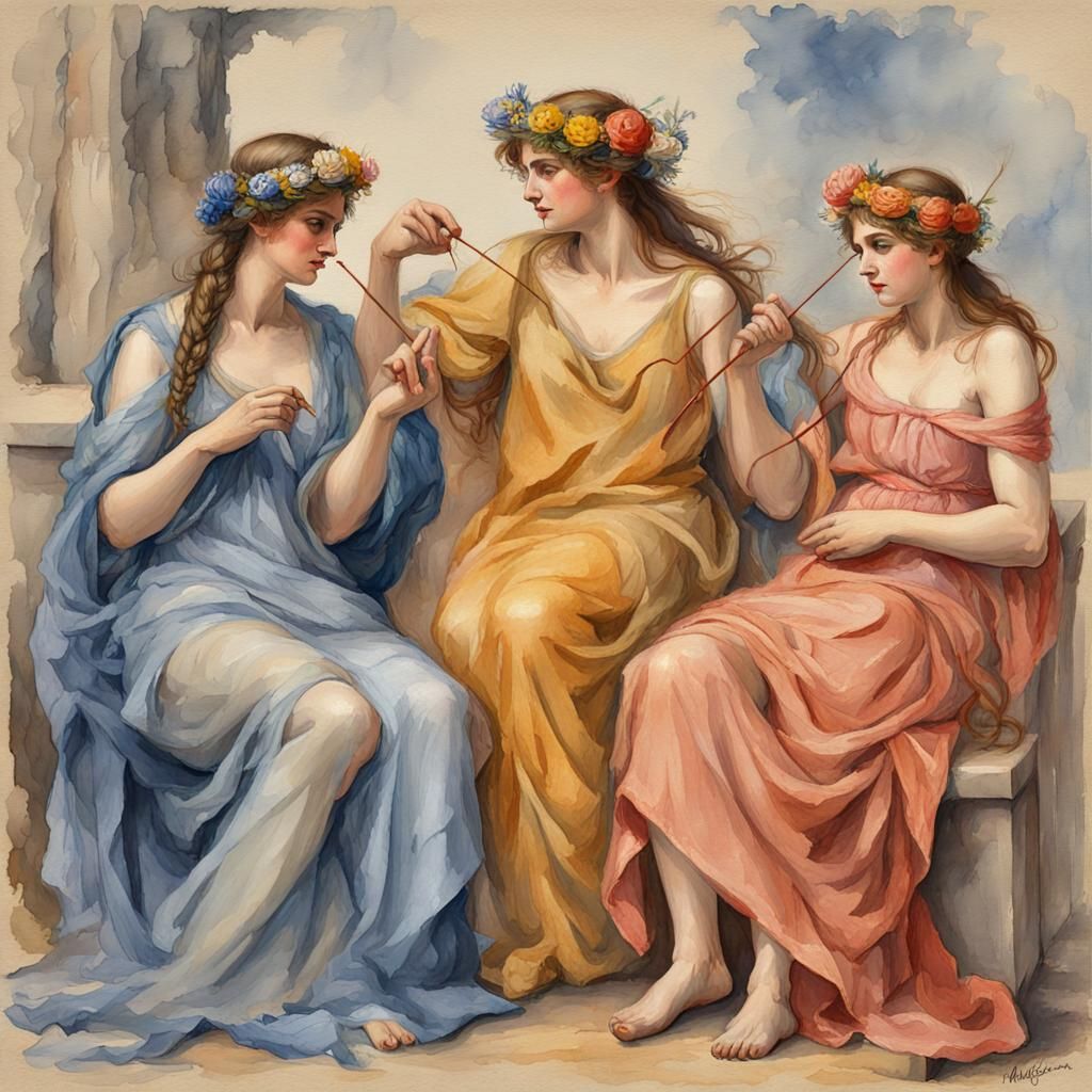 The Three Fates in Gouache Watercolor Style