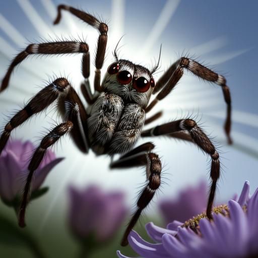 Jumping Spider Leaps From Flower in Sunlight