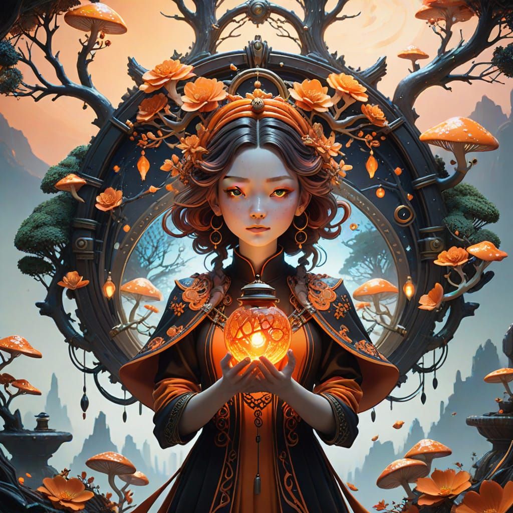 Mystical Woman in Vibrant Orange Dreamscape