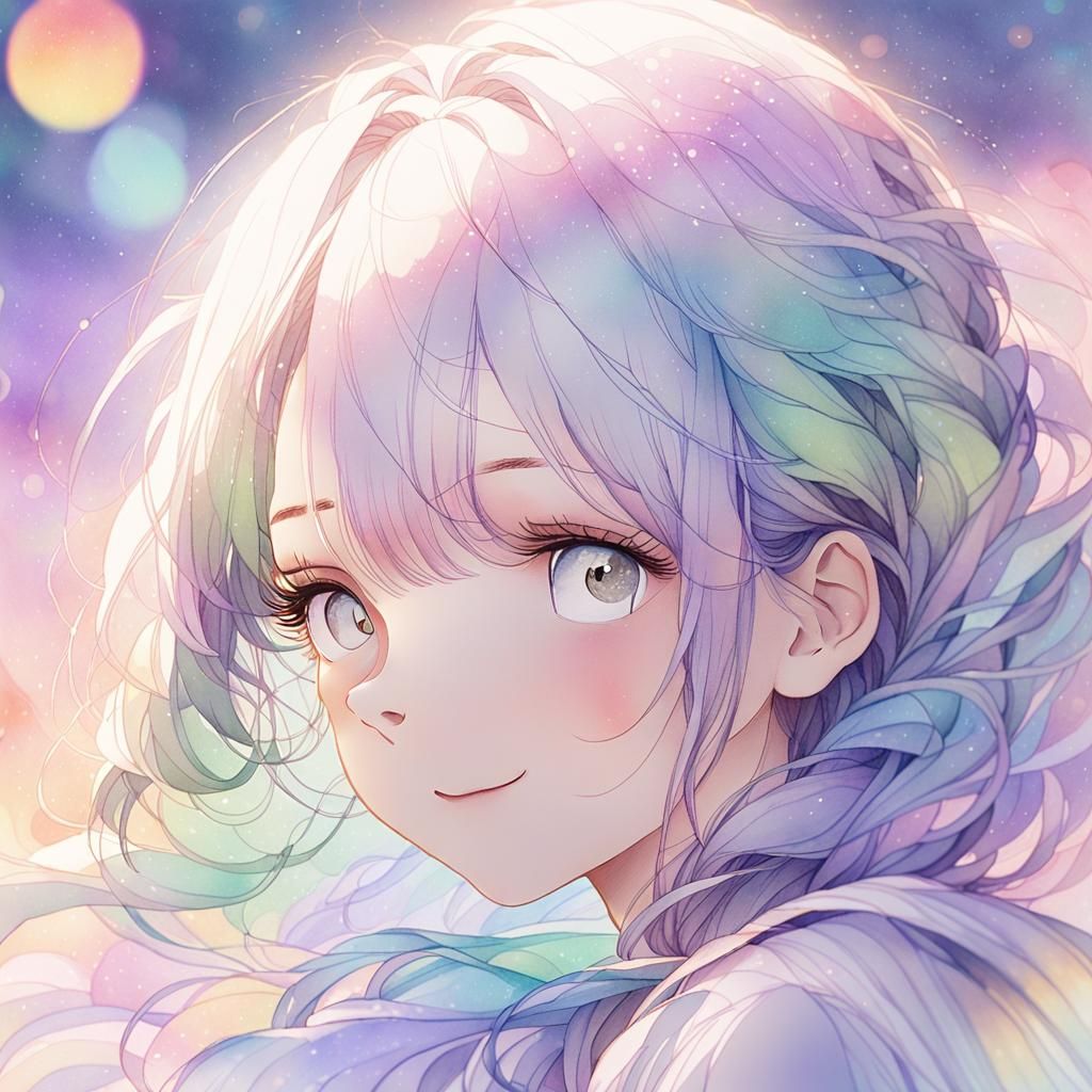 Anime Girl Pencil Sketch Portrait with Watercolor Hair