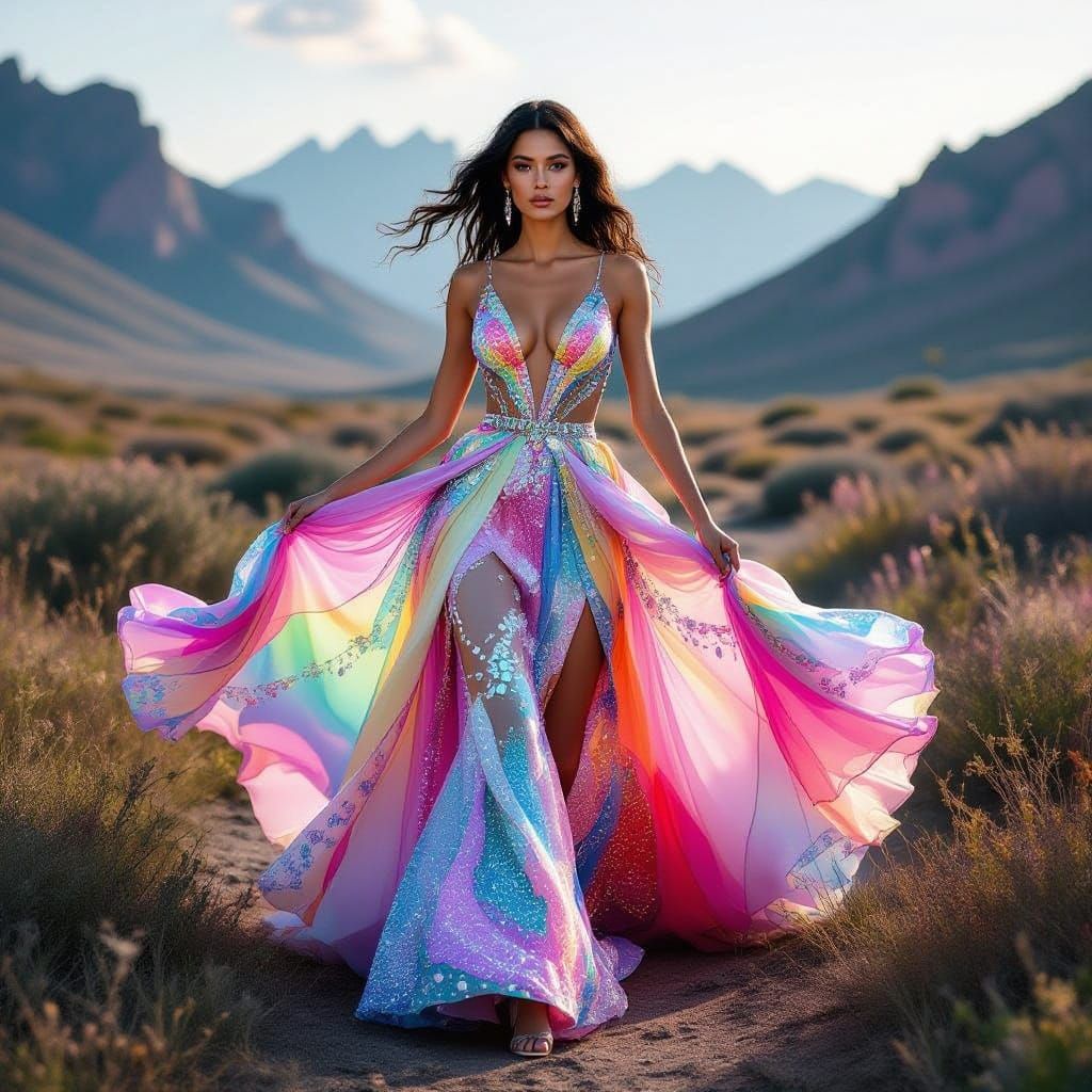 Neon Gemstone Dress Flows Through Mystical Landscape