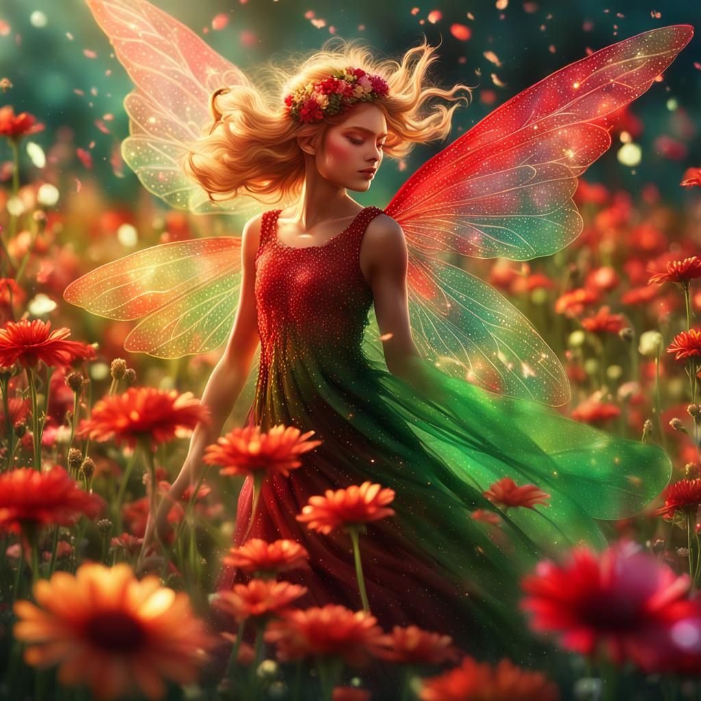 Red and Green Fairy in a Flower Field