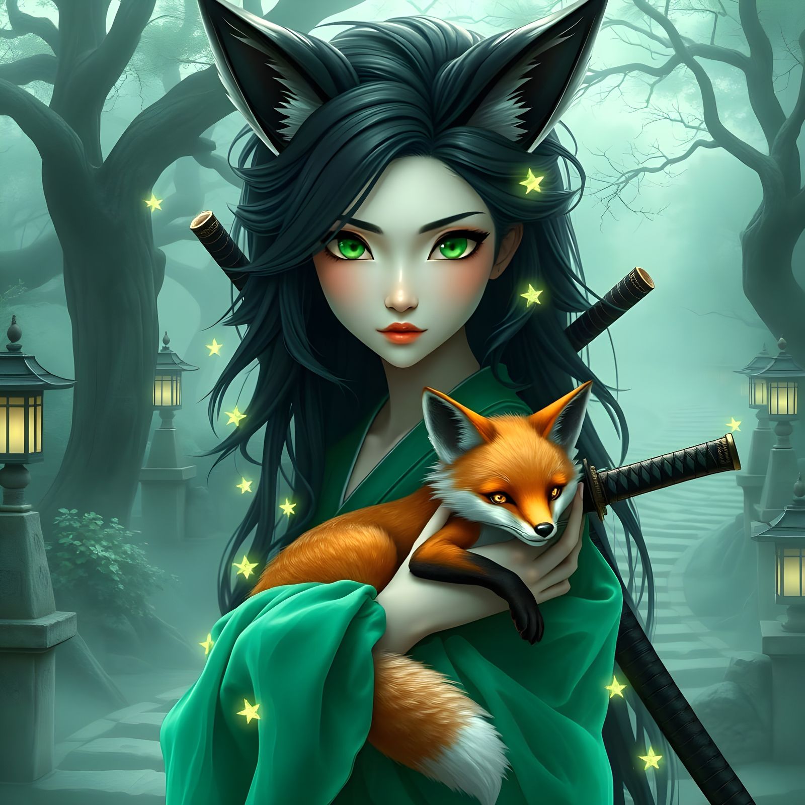 Mysterious Japanese Kitsune Fox Maiden with Emerald Eyes