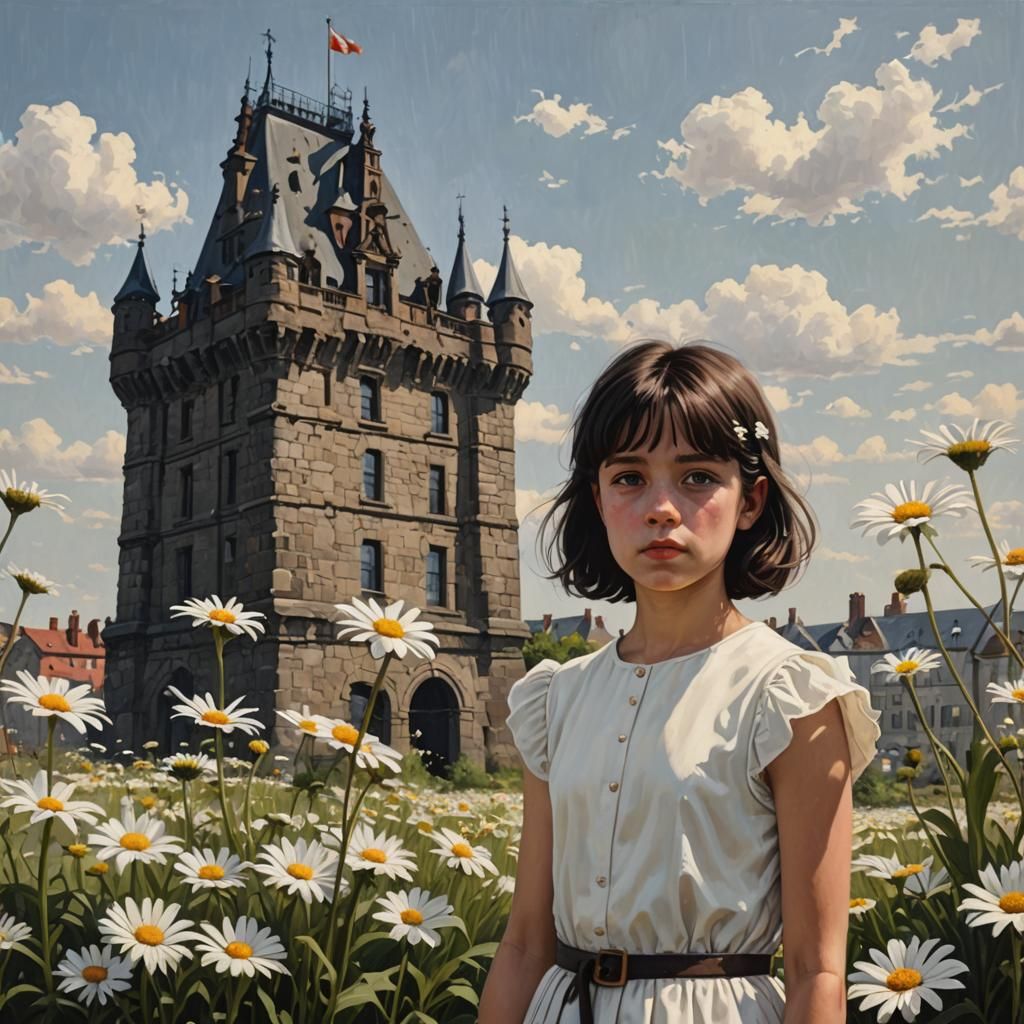 Girl in Daisies with Tower: Photorealistic Image