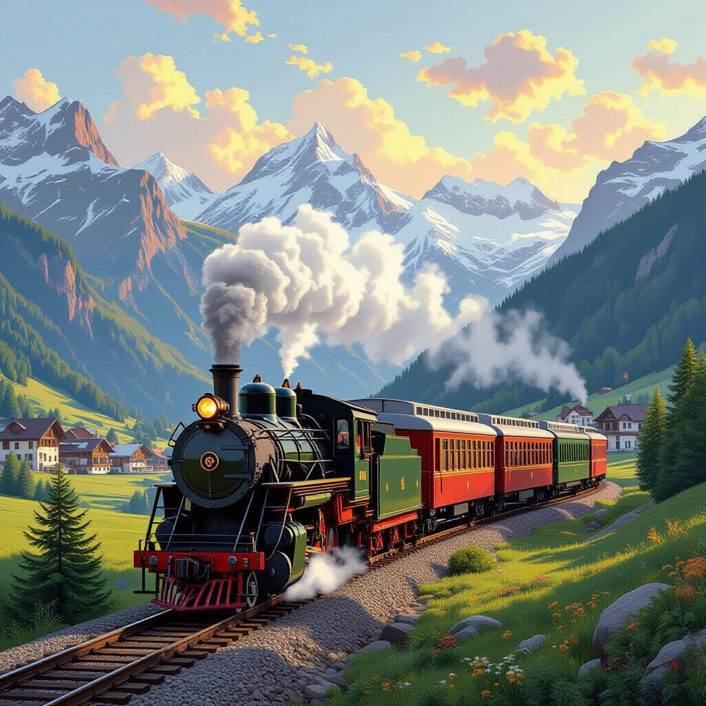 Colorful Coal Train Journey Through Swiss Alps