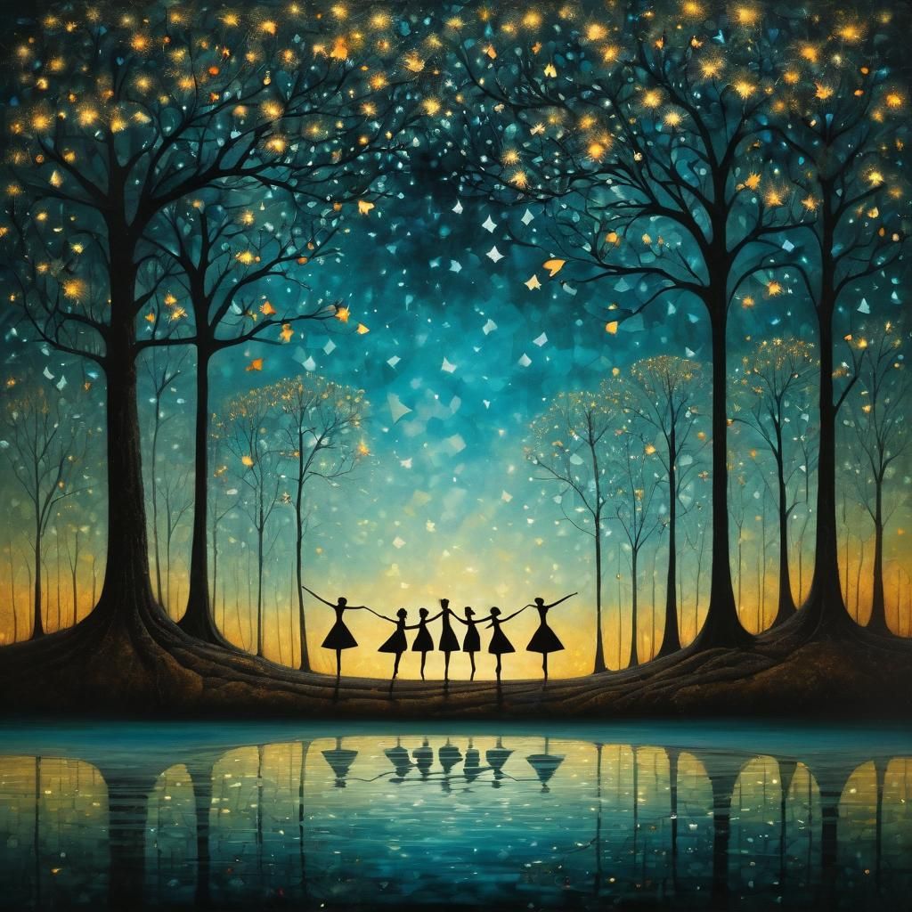 Tree Surrounded by Dancers in Surreal Folk Art Style