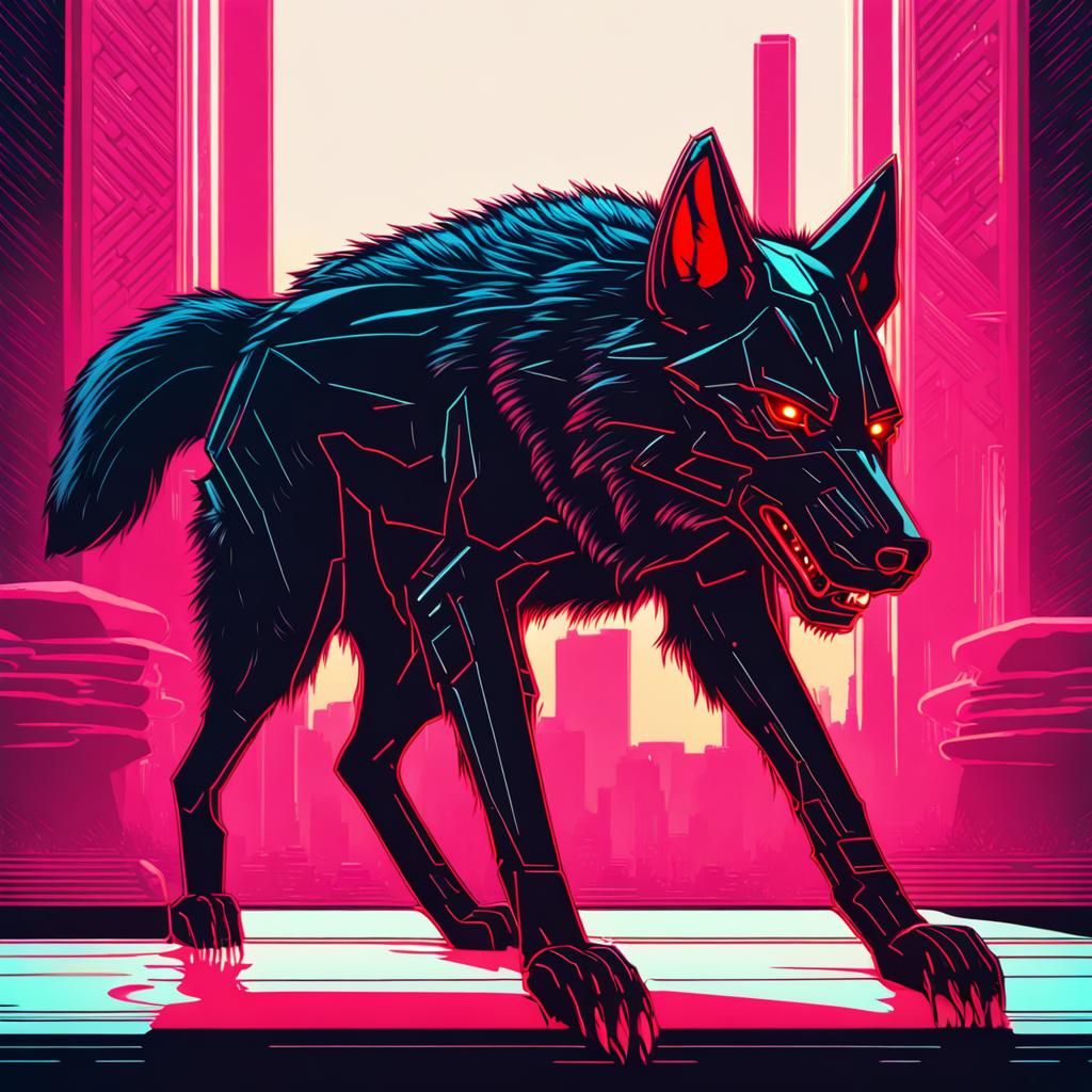 Armored Black Wolf with Red Eyes in Synthwave Style