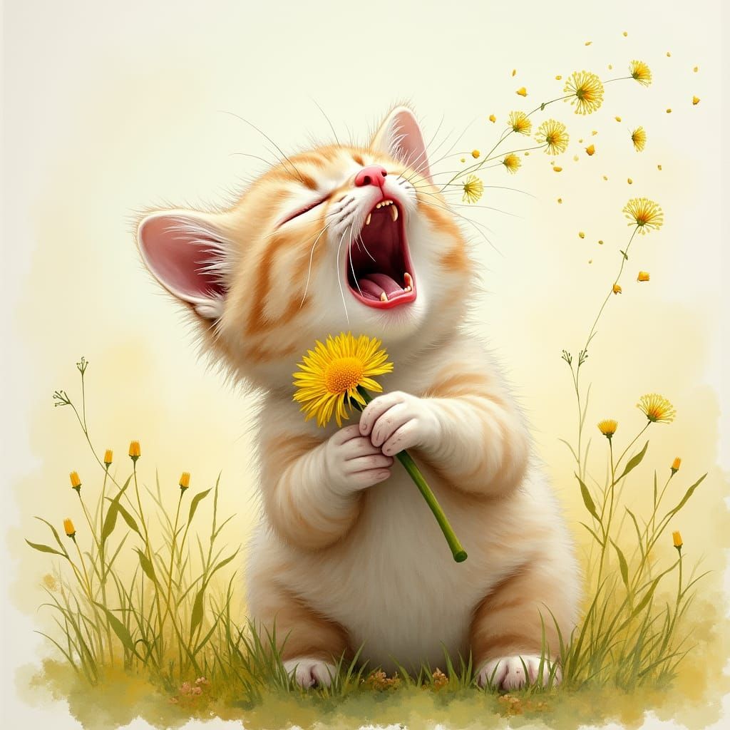 Sneezing Ragdoll Kitten with Dandelion Watercolor