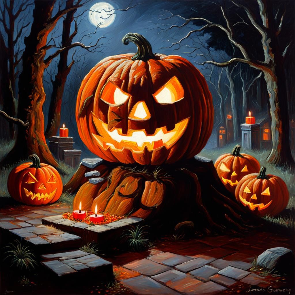 Giant Jack-o'-Lantern Oil Painting at Night