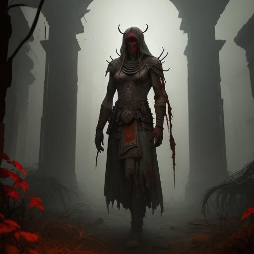 Zombie Cleopatra in Ruined Temple, Oil Painting Style