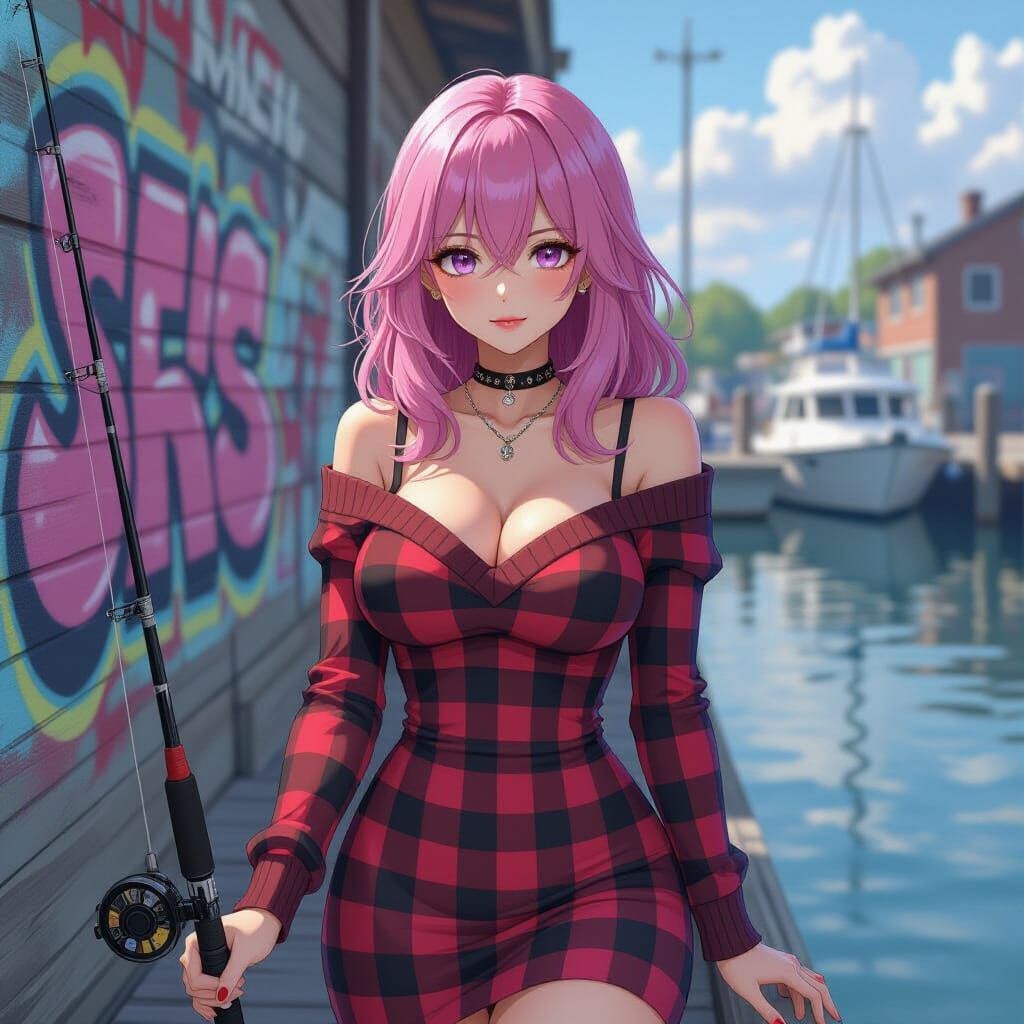 Pink-Haired Woman Fishing in Graffiti Art Style