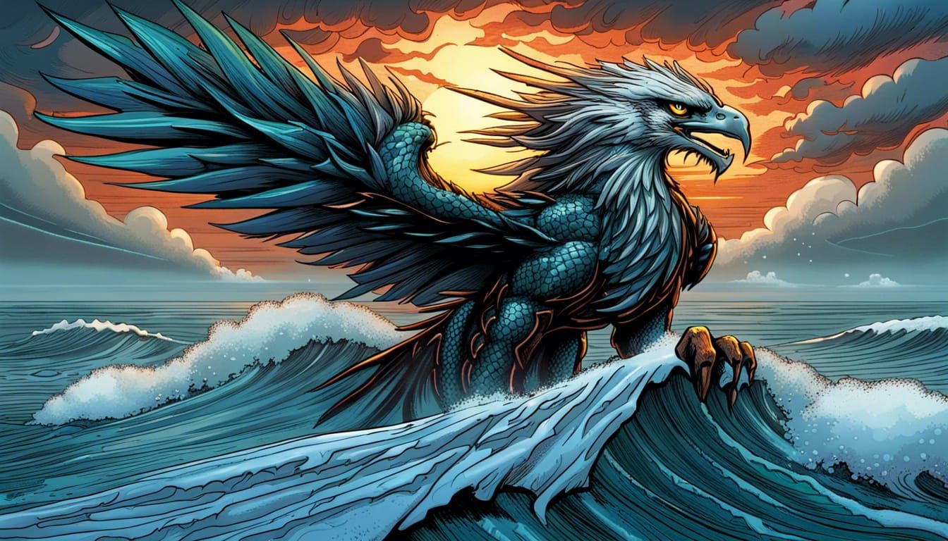 Majestic Eagle-Dragon Hybrid on Stormy Seascape
